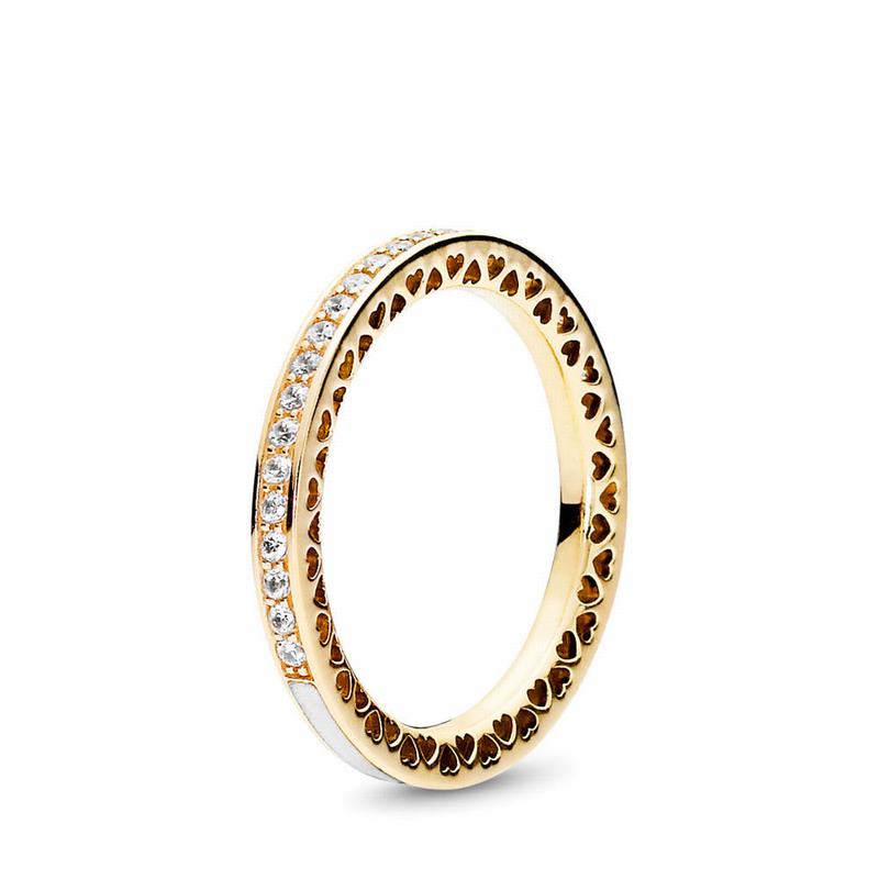 Pandora Radiant Hearts Stackable Ring - Yellow Gold 14 K/Enamel/White/Cubic Zirconia - Canada | XY32